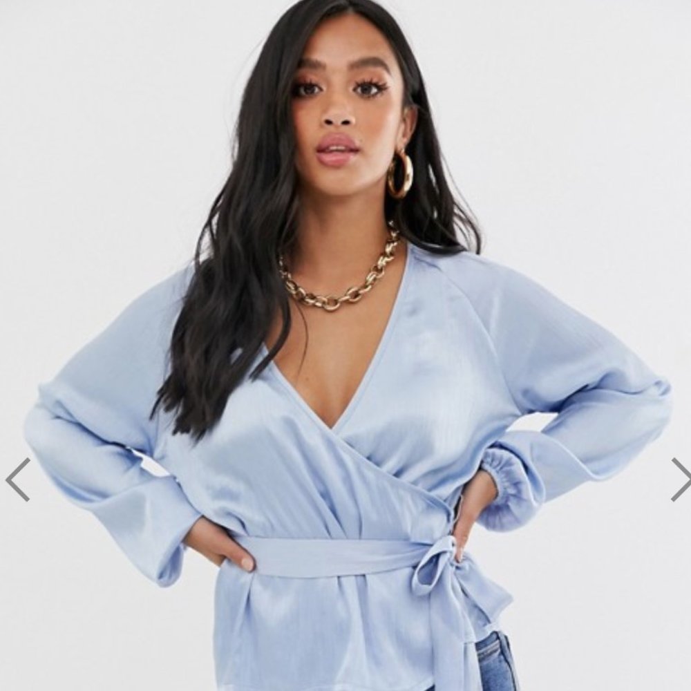 Missguided Petite wrap tie waist blouse in blue